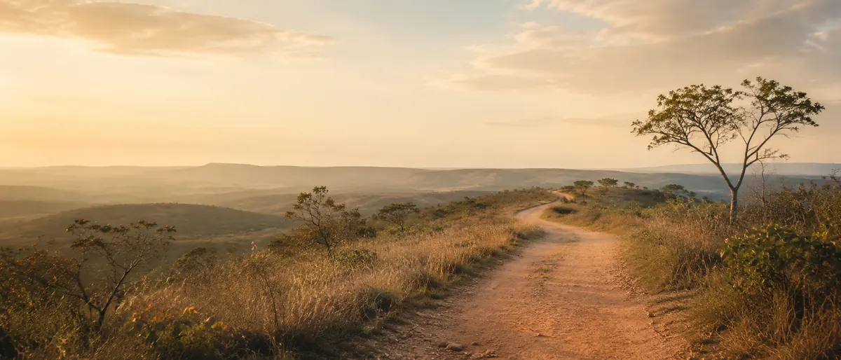 Caminho natural ao entardecer, simbolizando travessia e clareza.