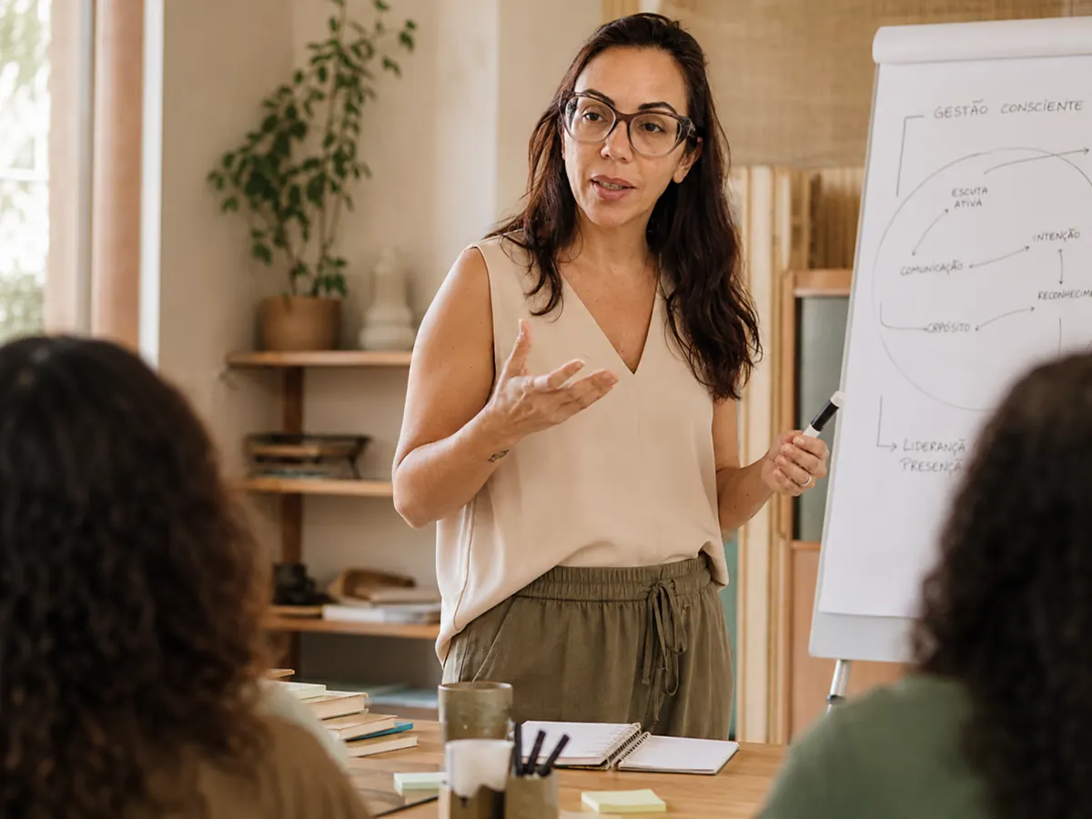 Educadora em ambiente escolar, expressão presente.