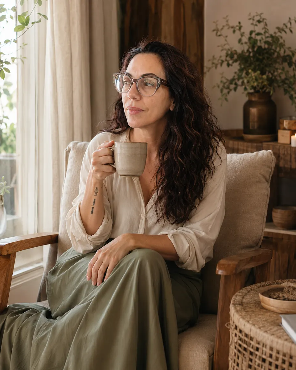 Mulher em ambiente natural, expressão contemplativa.
