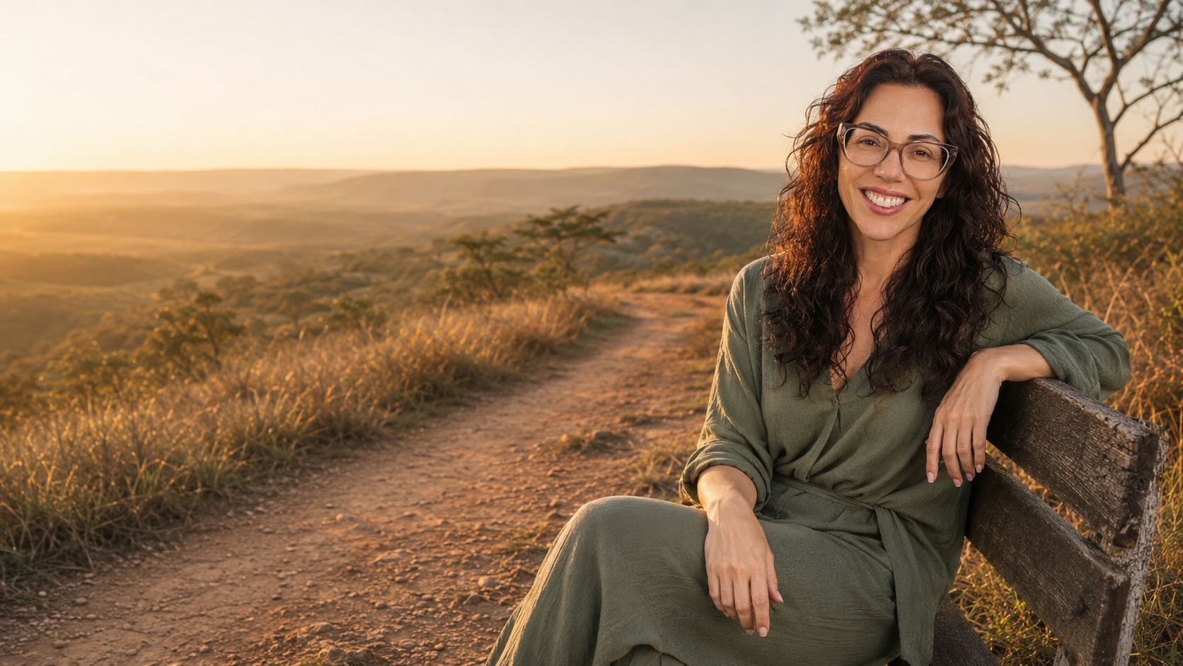 Adri sentada em um banco de madeira, com um caminho de terra ao lado, em cenário de campo ao entardecer.