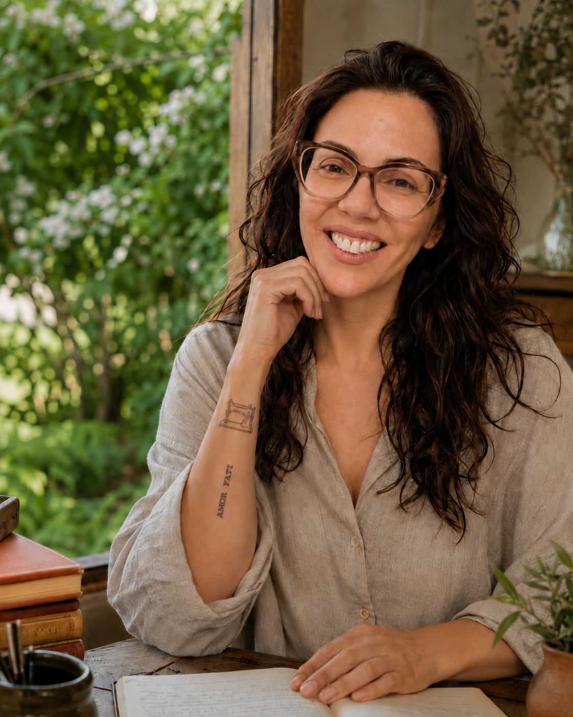 Adri sorrindo, sentada à mesa com caderno aberto, em ambiente de escrita.