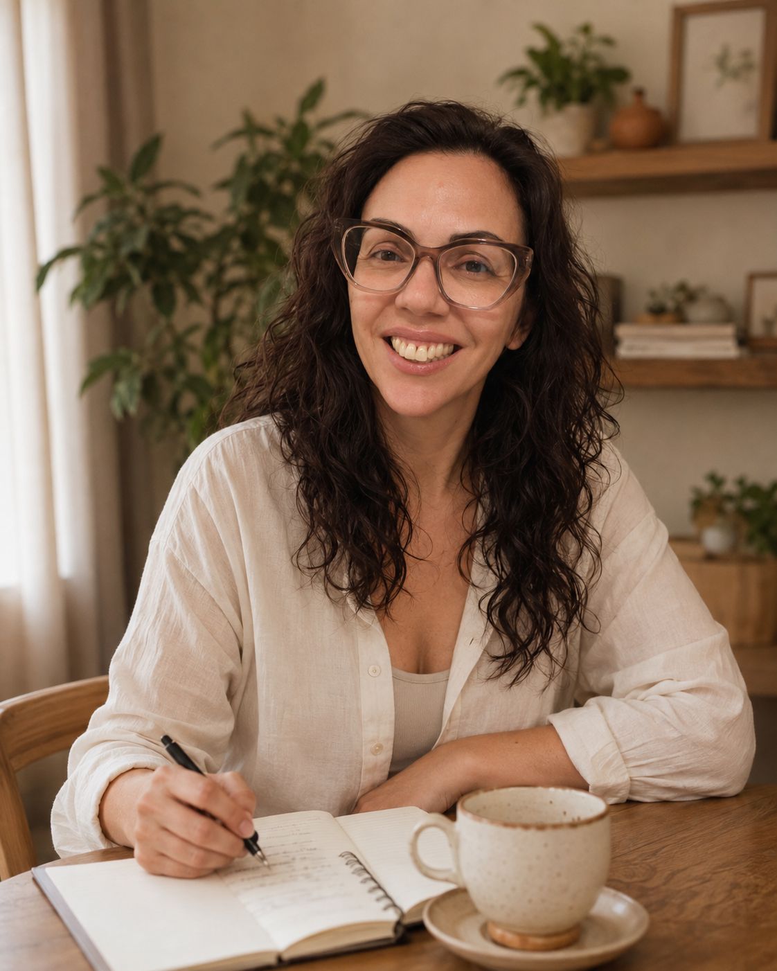 Adri sorrindo, escrevendo em um caderno, com uma xícara de café sobre a mesa.