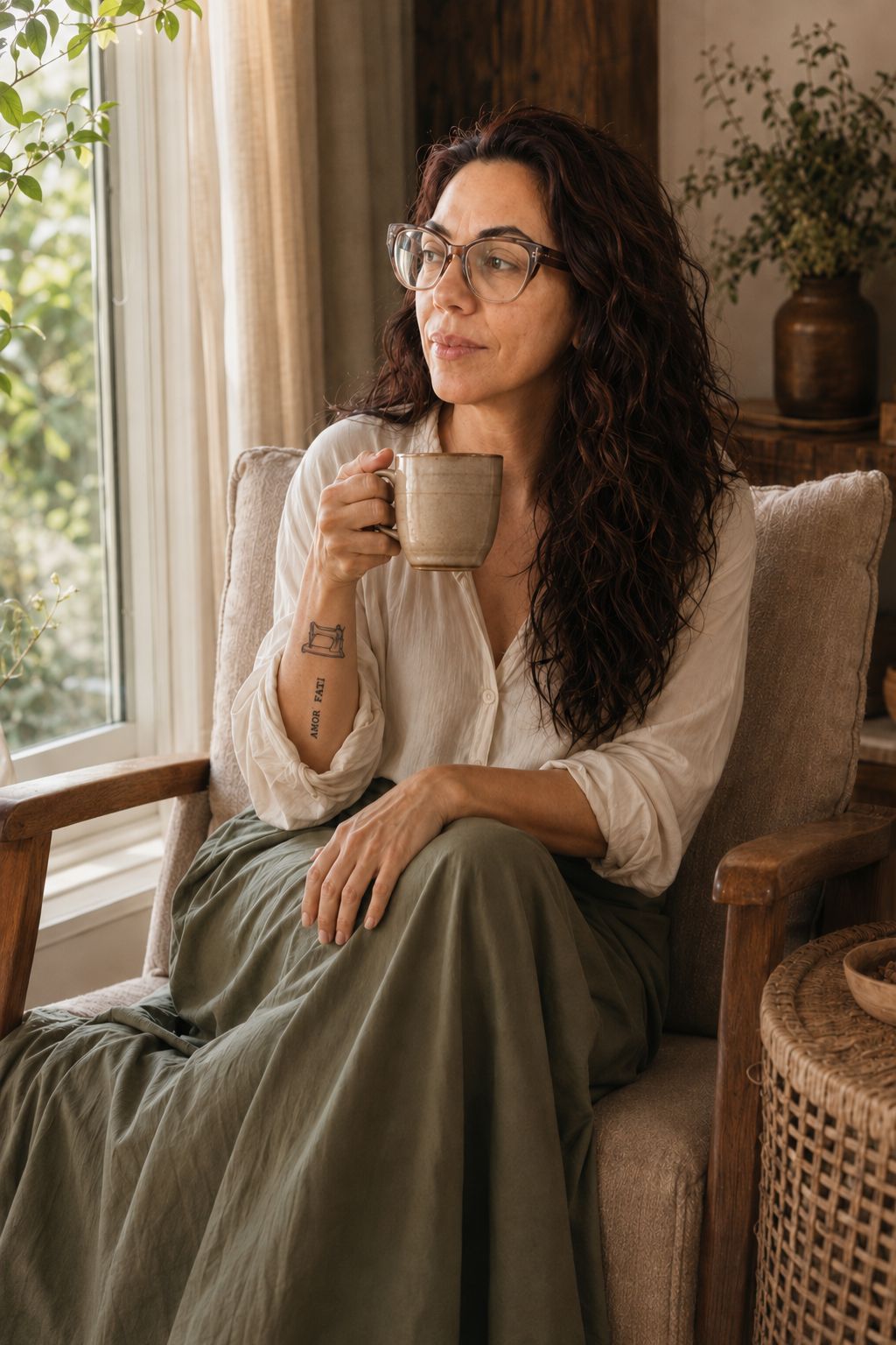 Adri sentada perto da janela, segurando uma xícara e olhando para fora, em um momento contemplativo.