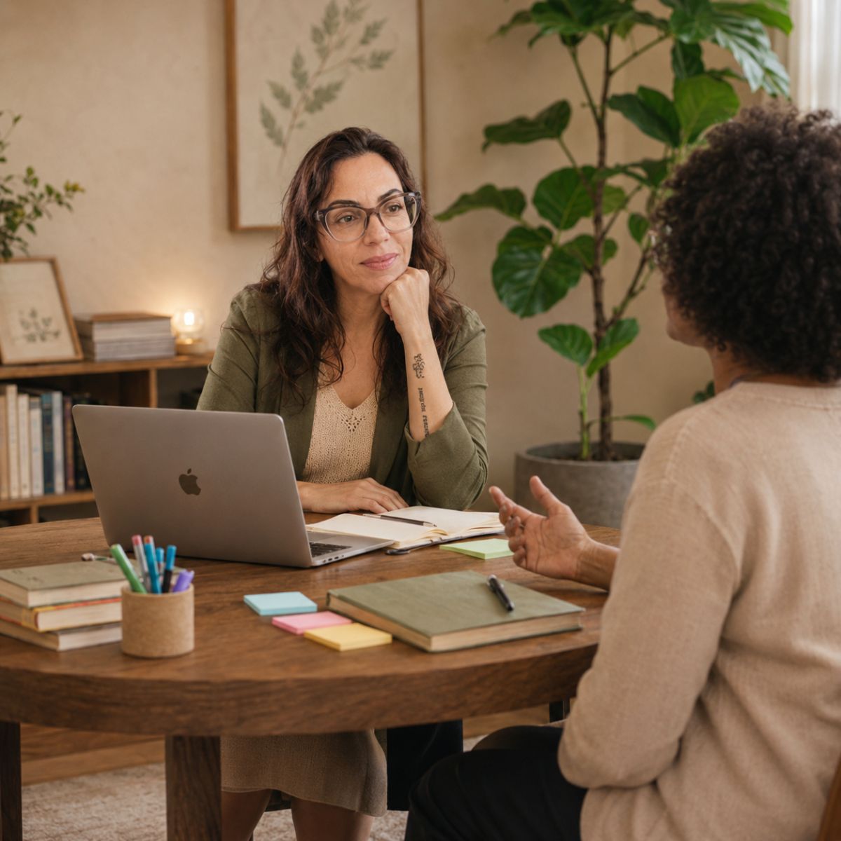 Adri em uma conversa de mentoria, ouvindo atentamente, com laptop e cadernos sobre a mesa.