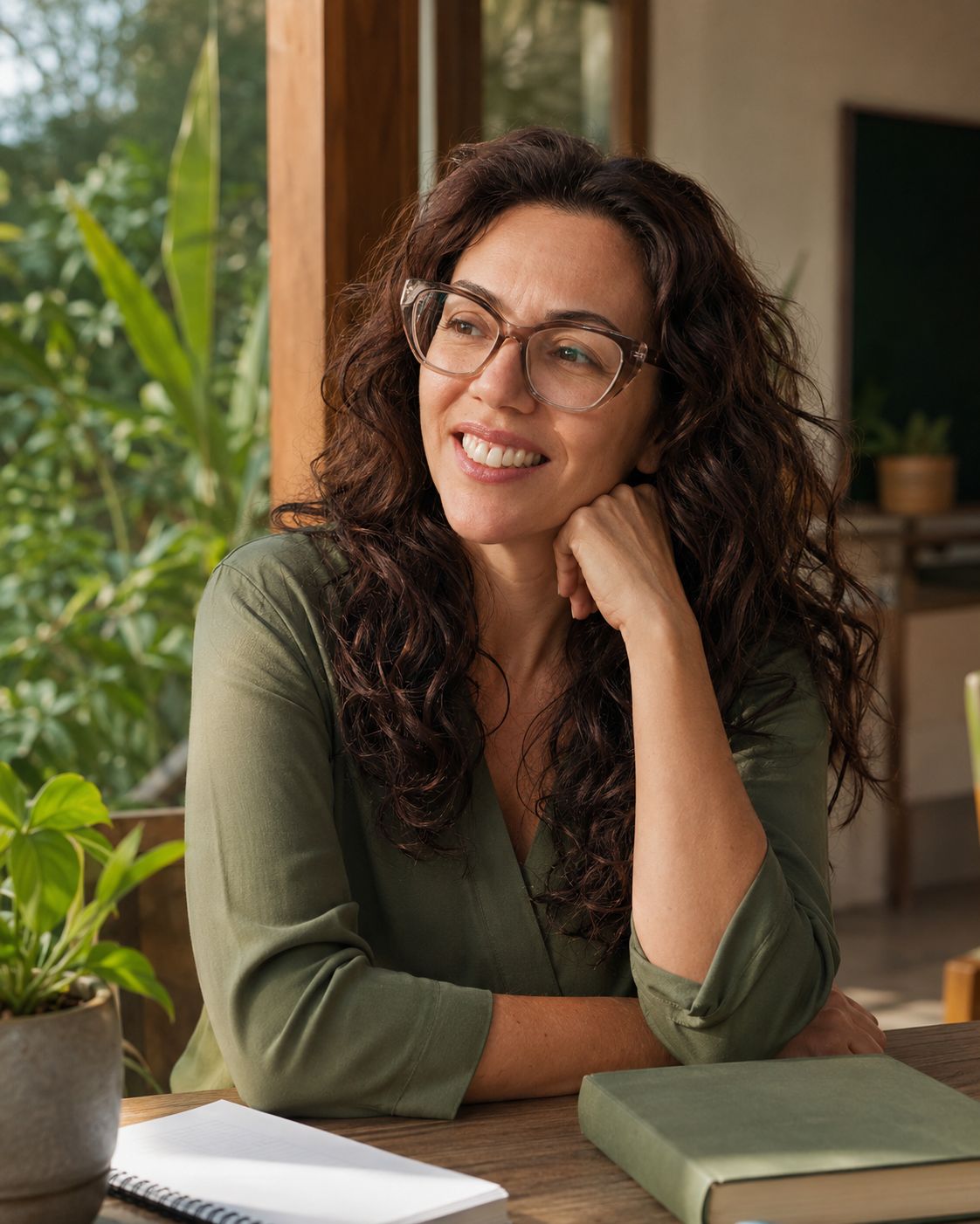Adri sorrindo, em momento de reflexão perto de uma janela, com plantas ao redor.